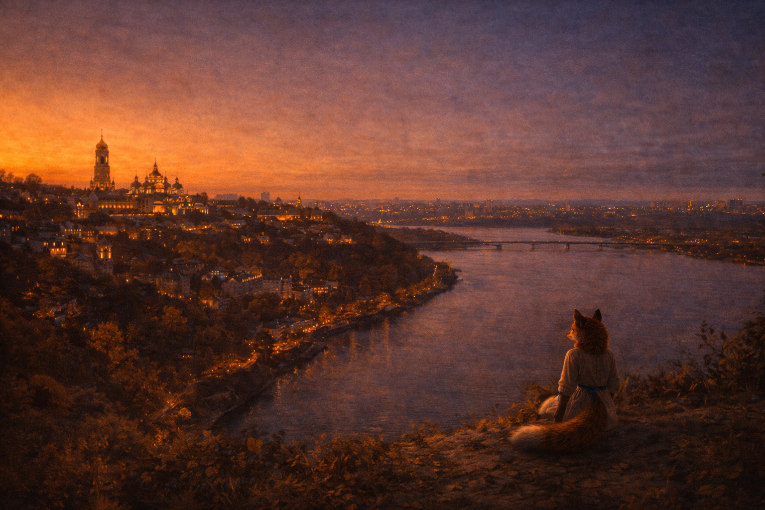 Foxyana watching Kyiv from the river embankment at dusk — the city built above the water